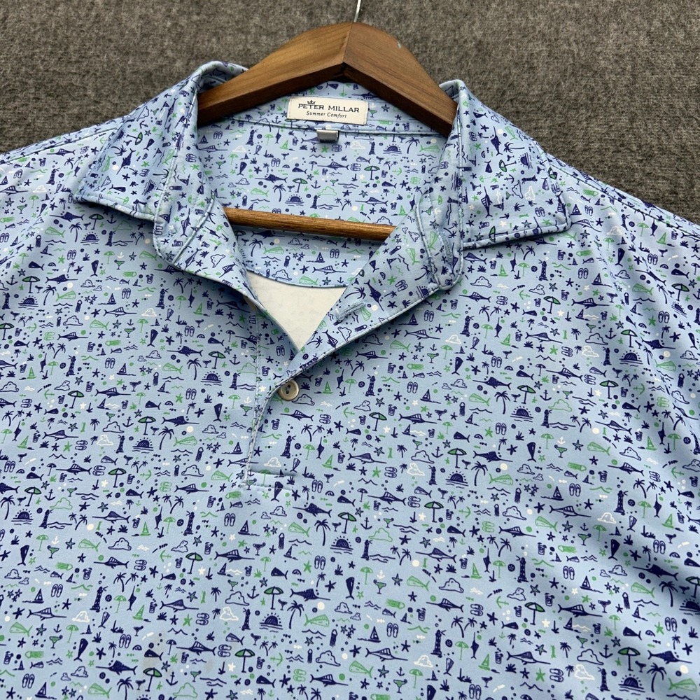 Peter Millar Summer Comfort Polo Vinnings Fish Beach Cocktail Blue Large Mens